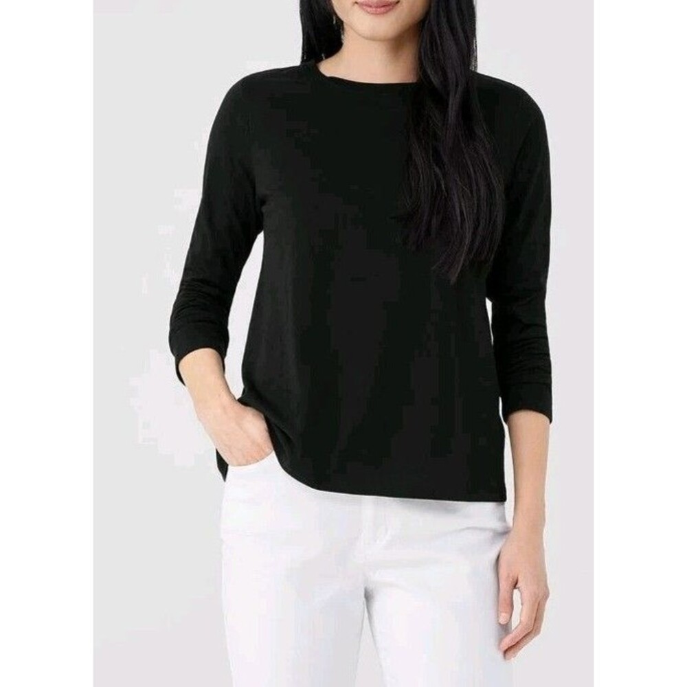 Eileen Fisher Stretch Jersey Knit L Black Pullover Long Sleeve Organic Cotton Bl